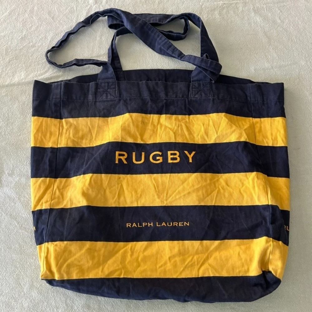 Vintage Rugby by Ralph Lauren Canvas Tote Bag Navy Yellow Stripes Logo
